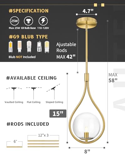2Pack Glass Pendant Lights Kitchen Island Gold Pendant Light Fixture (2 Count)