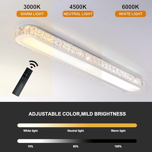 Dimmable LED Ceiling Light 39.4'' Kitchen Lighting Fixtures Ceiling Modern Luxury Crystal Ceiling Light with Remote Chrome Long Ceiling Light Fixture for Kitchen Dining Room Hallway