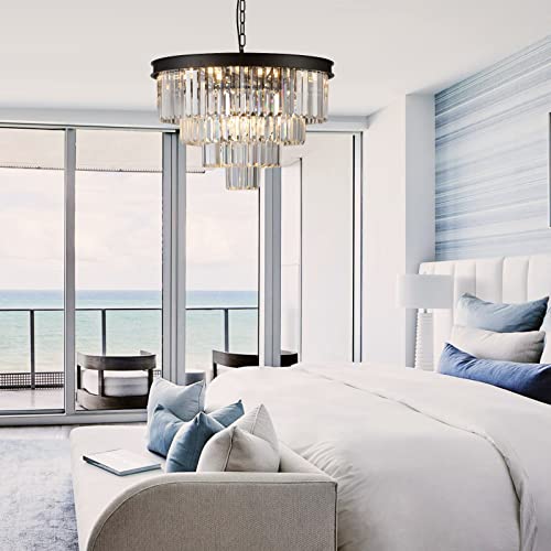 Modern Crystal Chandelier 24" Black Pendant Light Fixture for Living Room