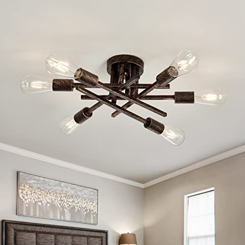 6 Lights Semi Flush Mount Ceiling Light Fixture Vintage Modern Bronze Matte Sputnik Chandelier Farmhouse Ceiling Lamp for Kitchen Bedroom Dining Room Living Room Entryway