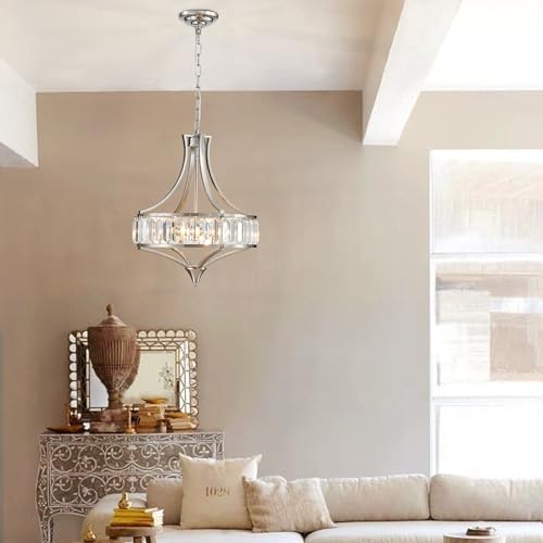 Crystal Chandeliers for Dining Room 15.7" Round Rustic Farmhouse Hanging Pendant Lighting Fixture Modern Brushed Nickel Chandelier Metal Shade 4