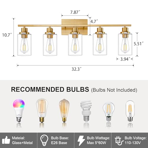 5 Light Gold Bathroom Light Fixtures Brushed Brass Vanity Light Over Mirror Modern Wall Lighting Sconces Wall Lamp for Bathroom (5 Count)