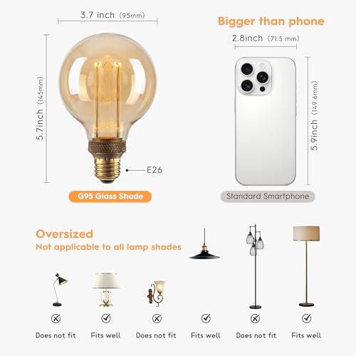 Dimmable Edison Bulb E26 Vintage Round LED Light LowLumen Amber G95
