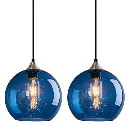 Blue Glass Pendant Lights Kitchen Island Lighting Globe Pendant Light Fixtures Modern Pendant Lighting for Kitchen Island Bedroom Living Dining Room Light Fixture (2 Count)