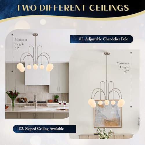 Nickel Sputnik Chandelier with Milk Glass Globe 8 Lights L41 Inch
