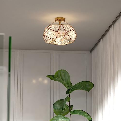 Euclid 16 in W Gold Aged Brass Contemporary Geometric Semi Flush Mount Ceiling Light Fixture with Silver Mercury Glass Shade