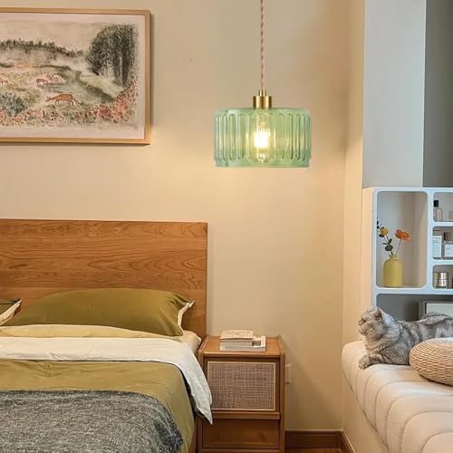 Plug in Pendant Light Hanging Lights with Plug in Cord Boho Hanging Lamp Glass Gold Mid Century Modern Vintage Dimmable Green Flower Plug in Chandelier Ceiling Fixture for Living Room