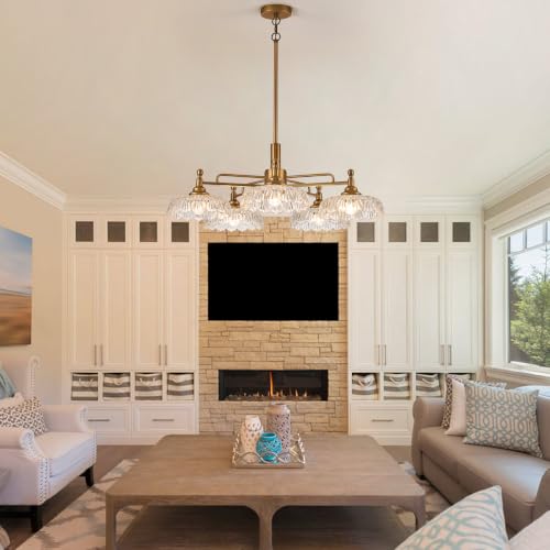 Chandelier Pendant Lights Fixture Vintage Pendant Lighting Fixtures 5 Lights Brass Chandelier E26 Base Clear Glass Hanging Lamp for Kitchen Island Dining Room Living Room