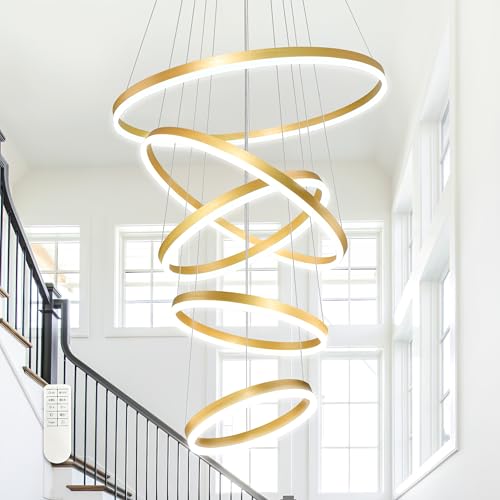 5 Rings Pendant Lights Modern Gold Led Chandelier Gold Modern Led Pendant Light Dimmable Height Adjustable Chandeliers for Dining Room Bedroom Entryway Living Room Foyer