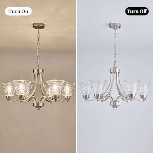 Modern Brushed Nickel Farmhouse Chandelier 6 Light Silver Chandeliers for Dining Room Adjustable Height Hanging Light Fixture with Clear Glass Shade