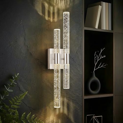 Modern LED Vanity Light Bubble Crystal Sconces Wall Lighting Brushed Nickel Bathroom Light Fixture 21.25in 4000K Vertical and Horizontal Wall Mounted Sconces for Bedroom Living Room