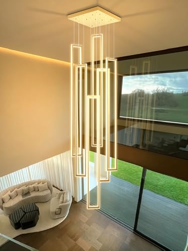 Modern Chandeliers for Entryway High Ceiling Large Rectangle Chandelier LED Dimming Gold Contemporary Chandelier for Staircase Foyer 2700k