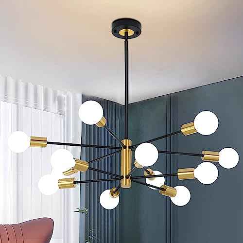 12-Light Modern Sputnik Chandelier, Mid Century Black Gold Ceiling Chandeliers, E26 Base,Branch Height Adjustable Pendant Lighting Fixture for Kitchen Island Dining Room Living Room Bedroom