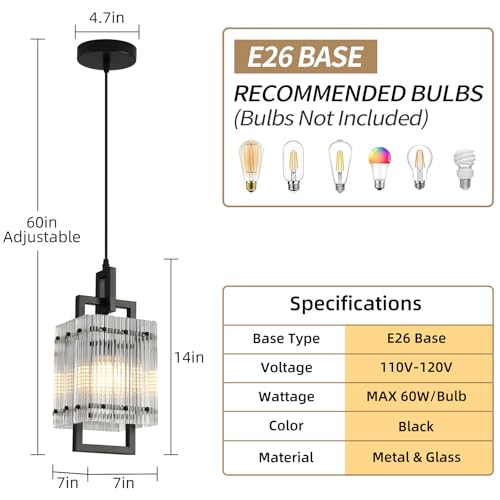 Modern Pendant Light Fixtures with Clear Glass Matte Black Pendant Lights Kitchen Island Adjustable Square Hanging Pendant Lighting for Dining Room Over Sink Hallway 1 Pack 12 inches
