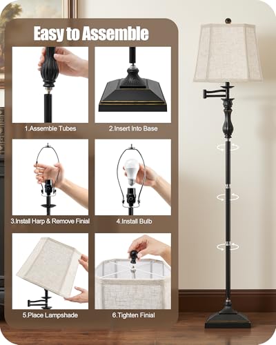 62" Black Floor Lamp for Living Room with 350° Adjustable Swing Arm (Black)