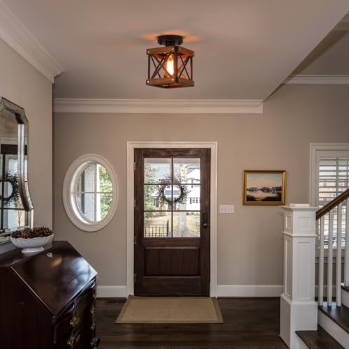 Rustic Farmhouse Wood Flush Mount Ceiling Light Fixture Oak Wood and Metal Square Cage Small Semi Flush Mount Ceiling Light for Kitchen Hallway Entry Bedroom Country Farmhouse