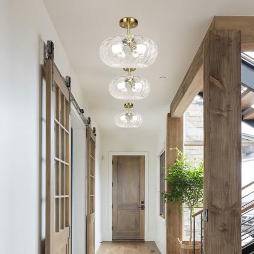Brass Gold Semi Flush Mount Ceiling Fixture Large Hammered Glass Shade Modern Close to Ceiling Light 14" Art Lampshade for Hallway Foyer Bedroom