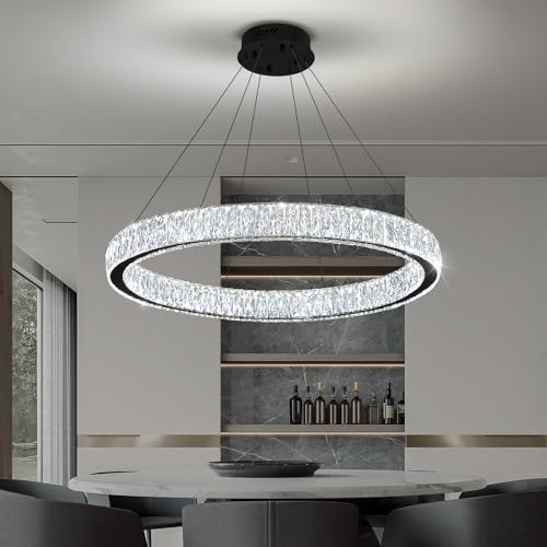 Modern LED Dimmable Crystal Chandelier 31.5" Ring Pendant Light Adjustable Black Round Crystal Chandelier Light Fixtures for Dining Room Living Room