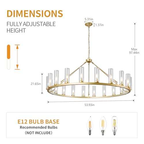 20 Light Large Wagon Wheel Chandelier with Clear Glass Shade Gold Round Pendant Light Farmhouse Industrial Chandeliers Dining Room Light Fixture for Stair Living Room Foyer Kitchen