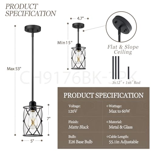 Glass Pendant Lights Kitchen Island 3 Pack (3 Count)