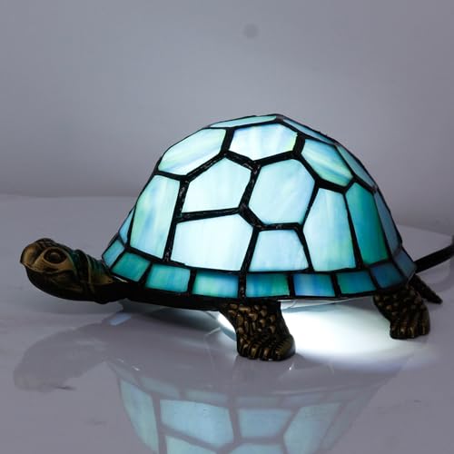 Tiffany Tortoise Lamp Small Stained Glass 8X5X4 Inch Blue Green