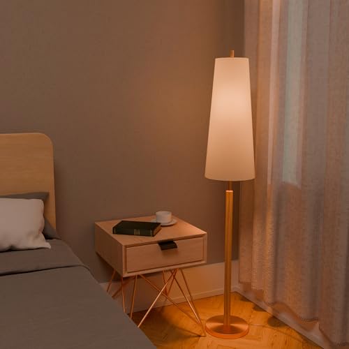 63" Matte Brass Floor Lamp with Wood Toned Accent and Long White Fabric Shade