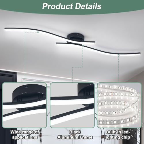 28W Linear Ceiling Light Black Modern LED Ceiling Light Fixture 6000K Aluminum 39.37Inch Long Ceiling Lamp for Hallway (2 Count)
