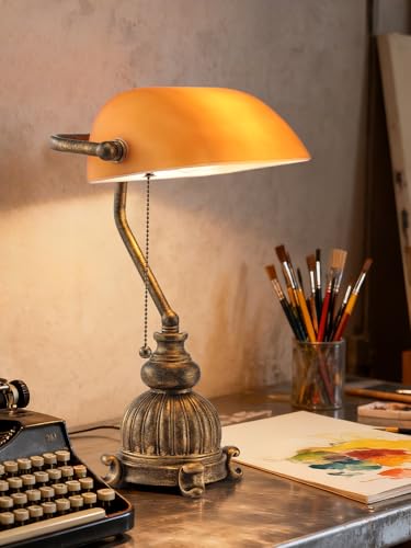 Retro Amber Glass Bankers Desk Lamp