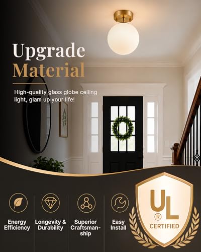 Semi Flush Mount Ceiling Light 8" Globe Mid Century Modern Light Fixture Milk Glass with Gold Brass Finish Light Fixtures for Hallway Entryway Kitchen Island Closet Laundry Bathroom