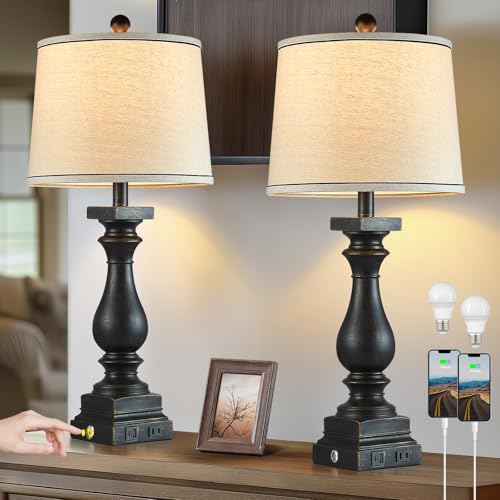 28" Tall Farmhouse Table Lamps Set of 2 with USB C+A Ports and AC Outlet (2 Count)