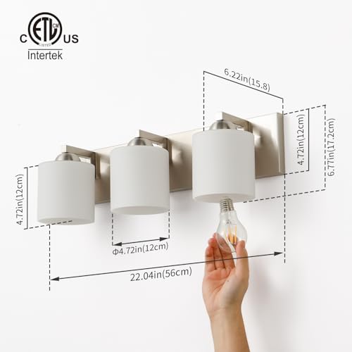 3 Light Brushed Nickel Bathroom Vanity Light with White Glass Shades