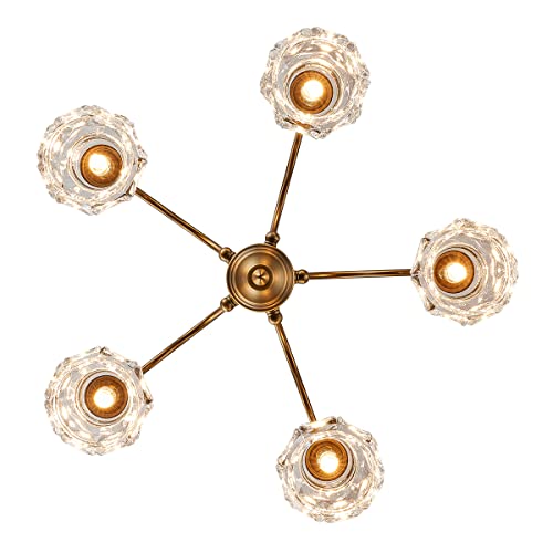 Vintage 5 Lights Gold Glass Pendant Lighting Rustic Style Chandelier Matte Brushed Antique Brass Finish with Crystal Glass Shade for Kitchen Island