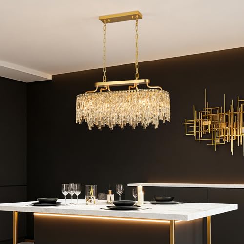 32" 10 Light Modern Oval Gold Crystal Chandeliers for Dining Room