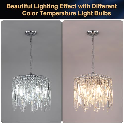 Chrome Crystal Chandelier Small Crystal Pendant Light Fixture 16" Raindrop Flush Mount Hanging Chandelier with Adjustable Chain K9 Crystals 2 Tiers for Kitchen Island Dining Room Bedroom Hallway