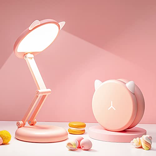 Cute Desk Lamp Pink Dorm Lamps for College Girls Foldable Portable Rechargeable Dimmable Cute Cat Lamp Kawaii Room Decor