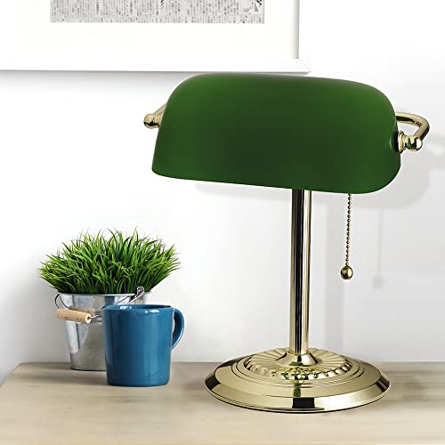 13.5'' Traditional Banker's Lamp Light Fixture with Green Glass Cylinder Shade for Office
