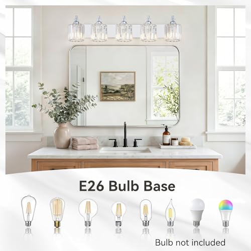 5 Light Modern Bathroom Light Fixture Chrome Bathroom Vanity Lights Over Mirror Wall Sconce Lighting with K9 Crystal Shades E26 Base for Bedroom
