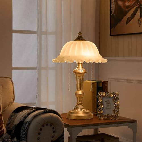 Glass Shade Table Lamp 2 Lights Vintage Metal Desk Lamp with Plug Switch for Bedroom Living Room Home Office Brass and White
