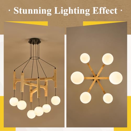 Natural 6 Light Wooden Chandelier with Milk Glass Globe L28 Inch