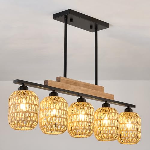 Dining Room Light Fixture 5 Light Large Rattan Kitchen Island Lighting with Boho Wicker Shade Chandelier Farmhouse Hanging Pendant Light for Living Room Bar Restaurant Bedroom