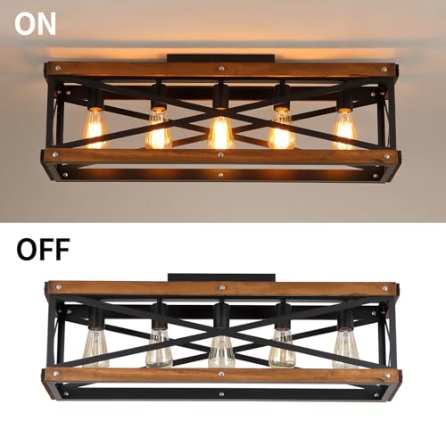 5 Light Large Rustic Farmhouse Wood Flush Mount Ceiling Light Fixture 31.5 inch Oak Wood and Metal Rectangular Track Semi Flush Mount Ceiling Light for Kitchen Living Room Bedroom Indoor