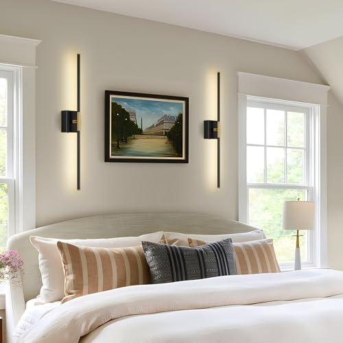 Wall Sconces Set of Two with Remote Control 29.1 in Dimmable Black Gold Battery Operated Wall Lights 350° Ratation 3000K (2 Count)