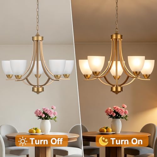 Modern Chandelier 5 Light Mid Century Alabaster Glass Classic Hanging Chandeliers in Gold Finish Pendant Light Fixtures for Dining Room