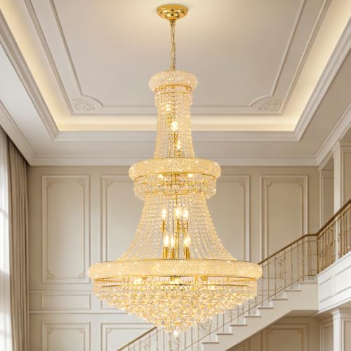 27 Lights High Ceiling Chandelier Modern Gold Crystal Chandeliers Large Foyer Chandelier Fixtures for Staircase Living Room Hallway Entryway