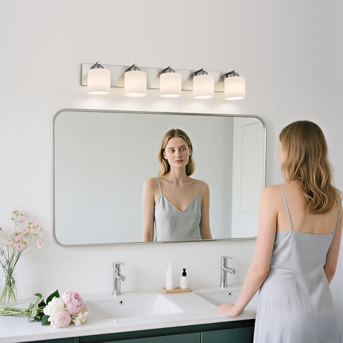 5 Light Brushed Nickel Bathroom Vanity Light with White Glass Shades