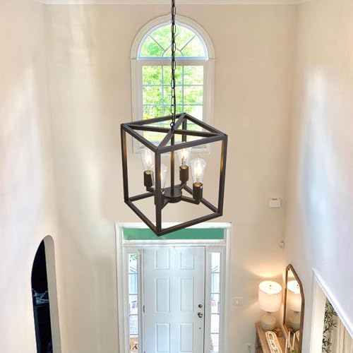 4 Light Farmhouse Chandelier Fixture Rustic Industrial Pendant Lighting Adjustable Height Metal Cage E26 Hanging Lights for Kitchen Island