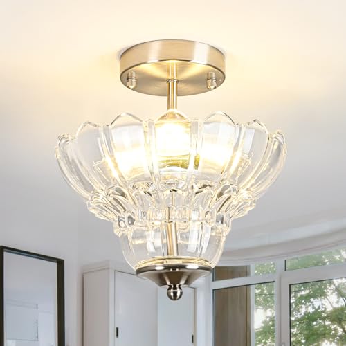Brushed Nickel Semi Flush Mount Light with Floral Class Shade (Nickel)