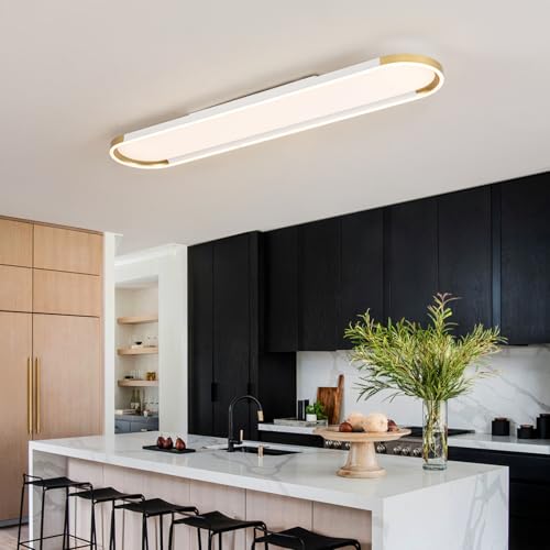 Modern LED Ceiling Light Dimmable Linear Ceiling Light 39.4in Semi Flush Mount Long Lights with Remote Control and Side Lighting for Living Room Kitchen Dining Room White & Gold