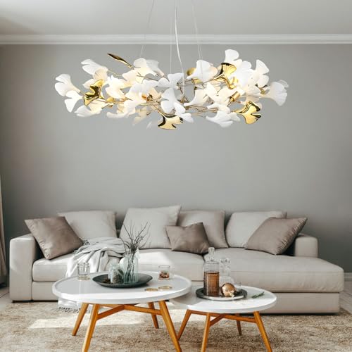 L31.5 Inch Branch Chandelier Ceramic Ginkgo Leaf Chandeliers Brass Hanging Lights Fixtures for Dining Room Living Room Kitchen Island