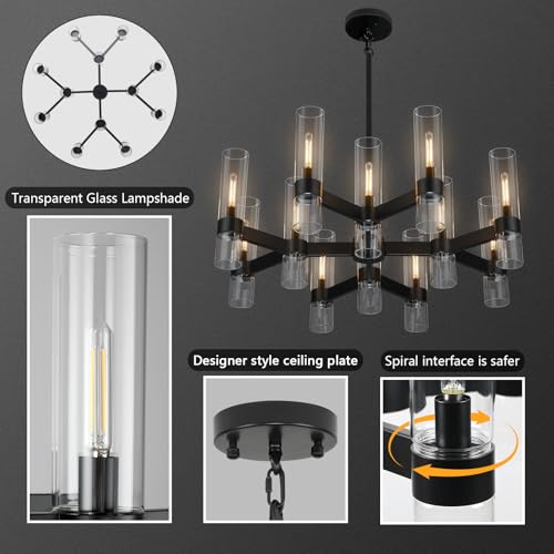 12 Light Black Farmhouse Chandeliers for Dining Room Light Fixture 34"